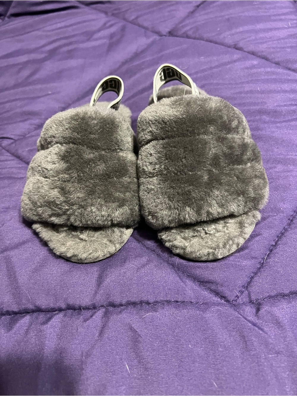 Girls UGG Gray Faux Fur Slide with Logo Strap